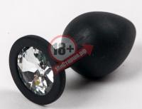 Черная силиконовая анальная пробка с прозрачным стразом - 8,2 см.
