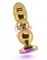 Золотистая фигурная анальная пробка R10 RICH Gold/Purple с фиолетовым кристаллом - 14,5 см.