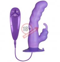 Фиолетовый вибратор с клиторальным отростком и присоской PURRFECT SILICONE SUCTION CUP DUO VIBE - 18 см.