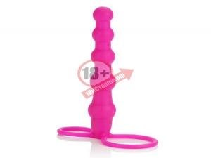 Розовая насадка для двойного проникновения Silicone Love Rider Beaded Dual Penetrator - 14,5 см.