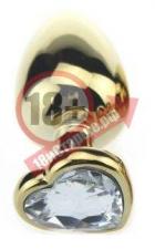 Золотистая пробка с прозрачным кристаллом-сердечком - 7,5 см.