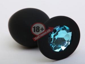 Чёрная силиконовая пробка с голубым стразом - 9,5 см.