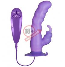 Фиолетовый вибратор с клиторальным отростком и присоской PURRFECT SILICONE SUCTION CUP DUO VIBE - 18 см.