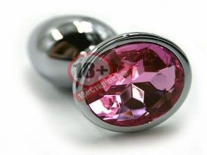 Серебристая алюминиевая анальная пробка с светло-розовым кристаллом - 7 см.