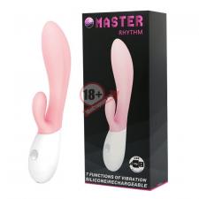 Розовый перезаряжаемый вибратор с клиторальным отростком Master Rhythm - 20 см.