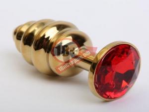 Золотистая рифлёная пробка с красным стразом - 8,2 см.